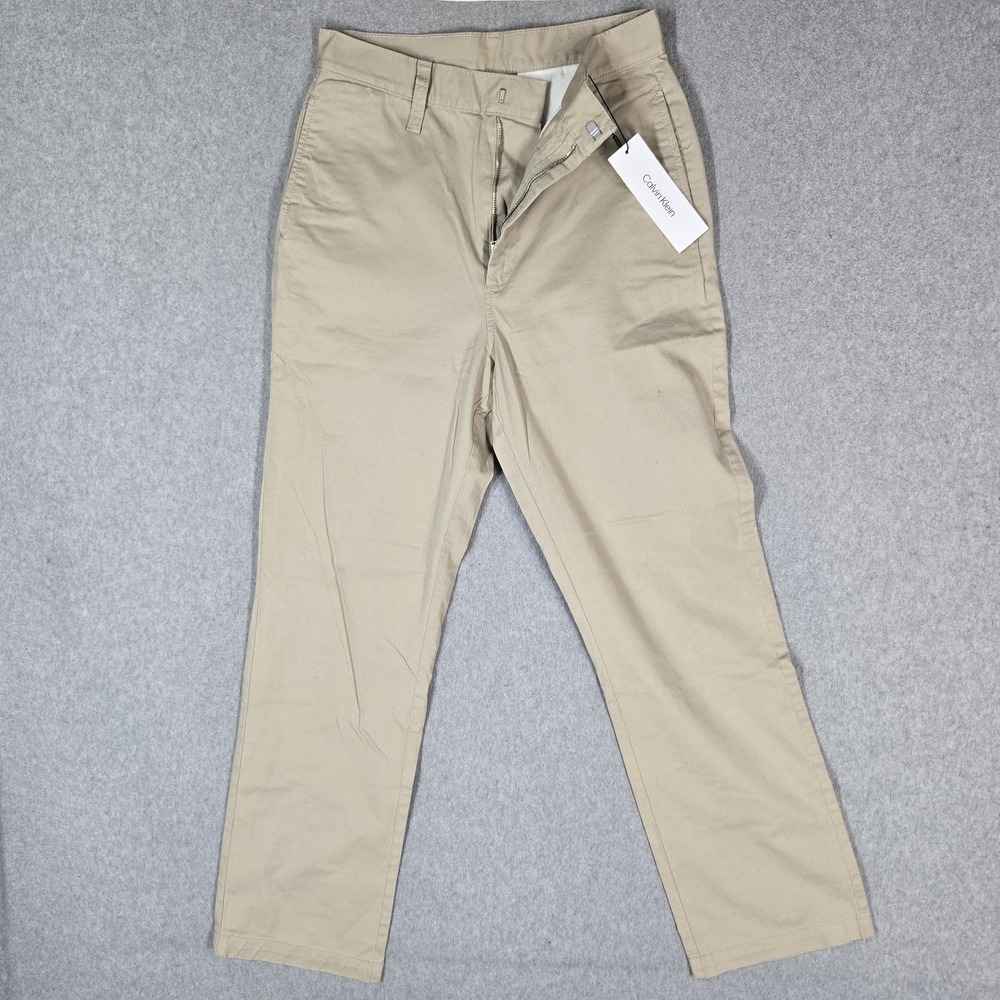 Calvin Klein Women Pants 25 Beige Chino Twill Zipper 29" Inseam Logo Stretch NWT
